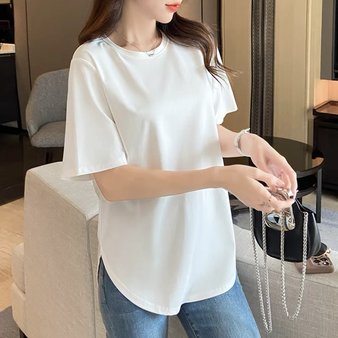 夏季韩版冰丝女士t宽松中长款打底衫百搭圆领T恤半弧形设计感上衣