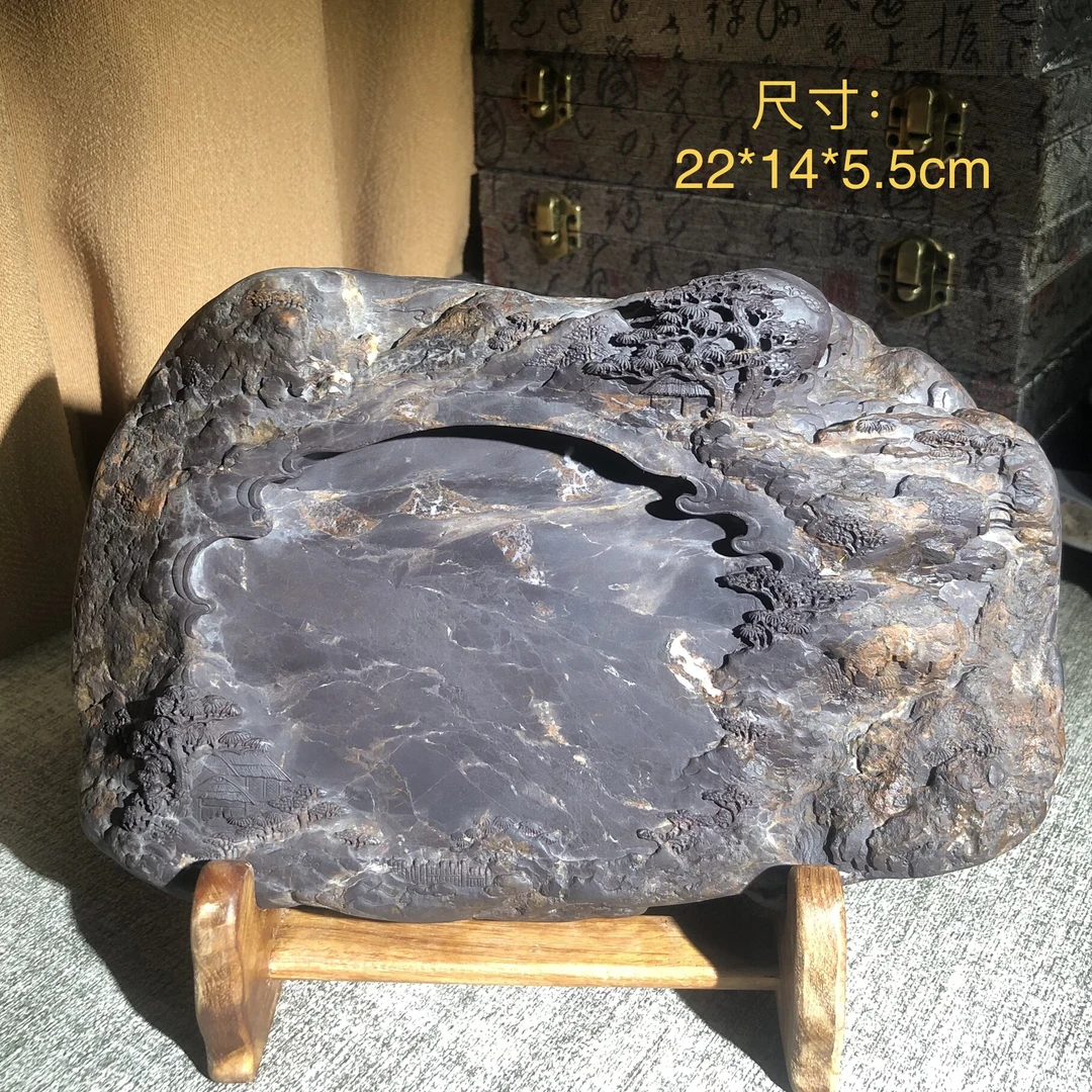 端砚老坑山水摆件江山如画砚台金银线石皮五彩钉文房用品配锦盒