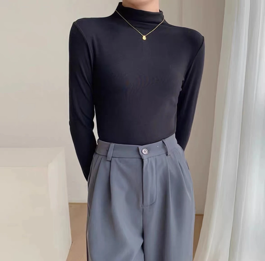 莫代尔长袖女上衣t恤秋季女装堆堆领打底衫女纯色百搭显瘦针织衫