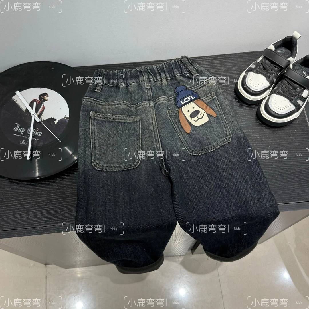 Q552秋冬儿童新款后袋帽子小狗刺绣一体绒牛仔裤