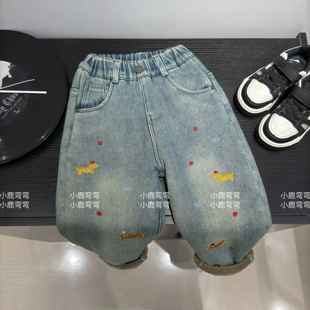 D888冬季新款糕糕绒男女童中性卡通刺绣一体绒牛仔裤