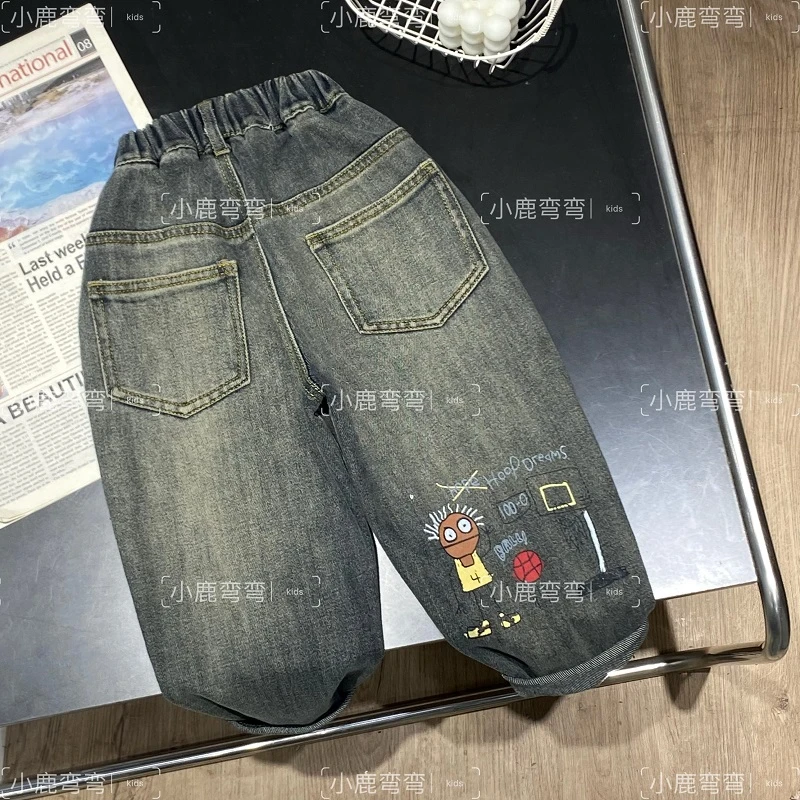 Q61秋季儿童新款小人打篮球印花牛仔长裤