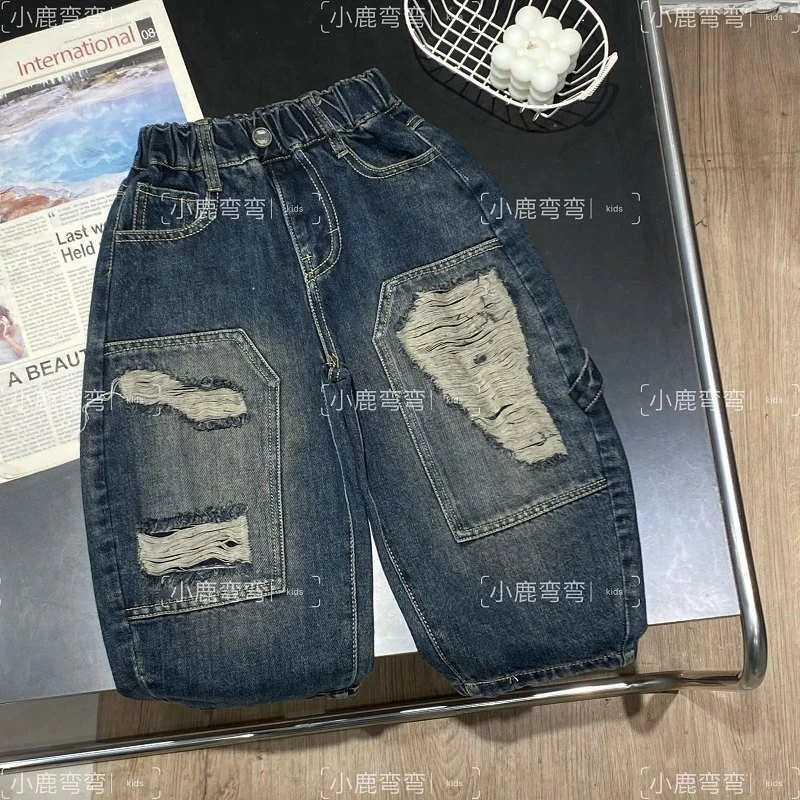 Q121秋季儿童新款破洞流苏拉毛牛仔长裤