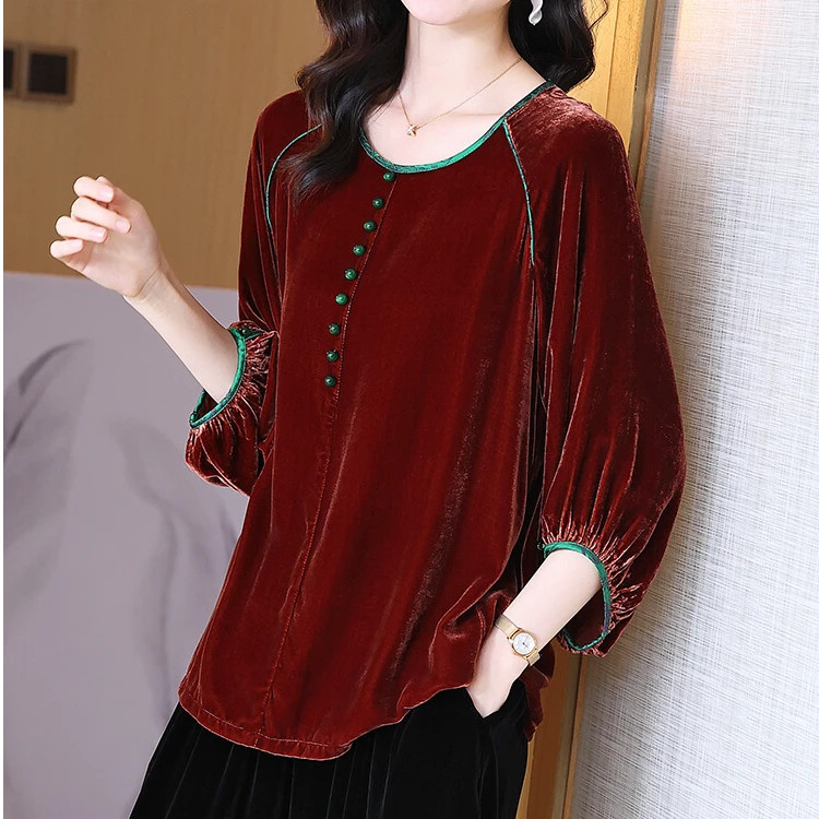 宽松简约撞色圆领真丝丝绒上衣女士春夏七分灯笼袖桑蚕丝t恤小衫
