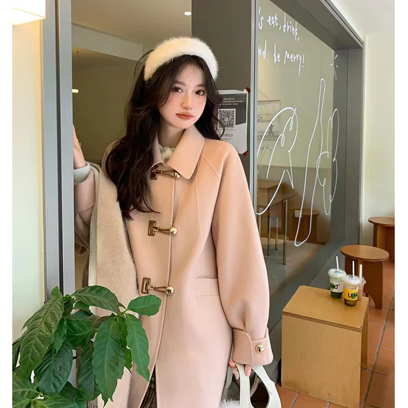 【23123】金色扣子中长款毛呢外套女宽松加厚秋冬小个子气质显瘦
