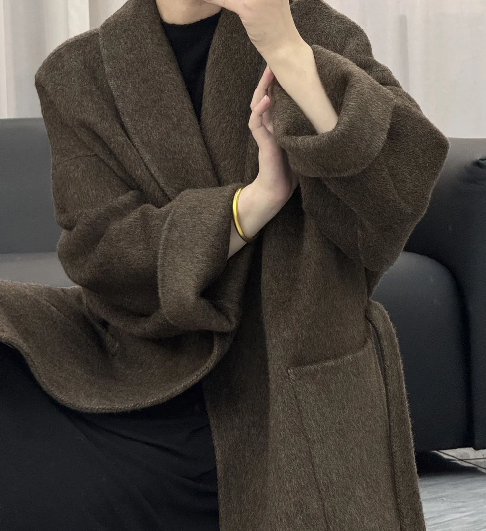 2024秋冬新款浴袍系带中长款气质青果领高级感双面羊毛大衣女外套