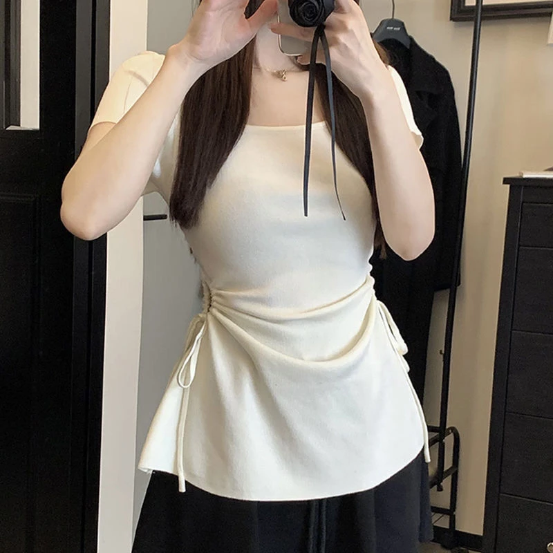 法式小香风抽绳褶皱方领短袖打底衫夏季新款黑色修身显瘦镂空上衣