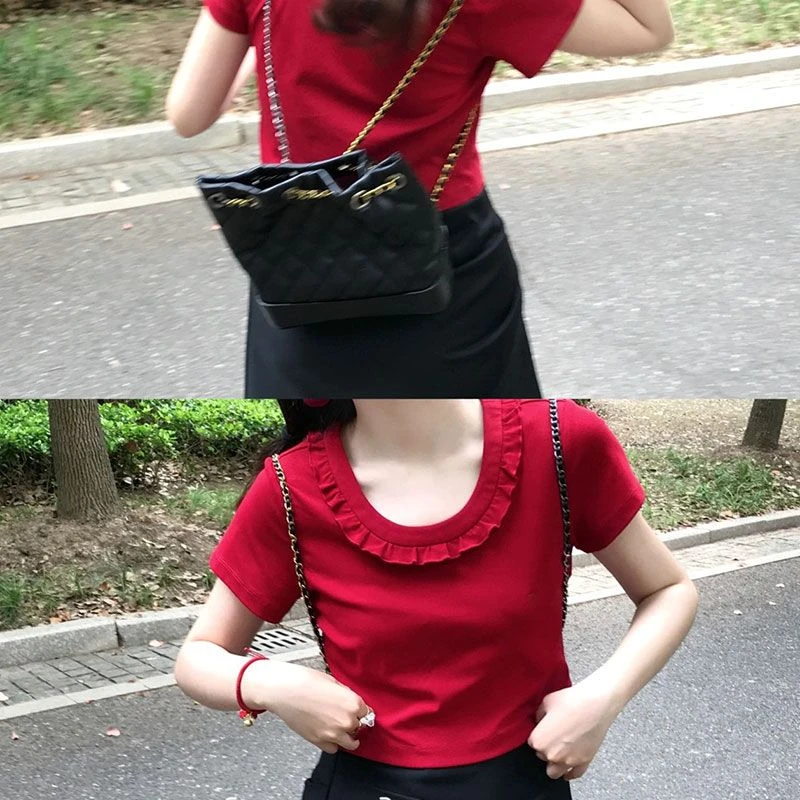 减龄漂亮修身木耳花边红色正肩短袖t恤打底衫女法式甜辣风上衣ins