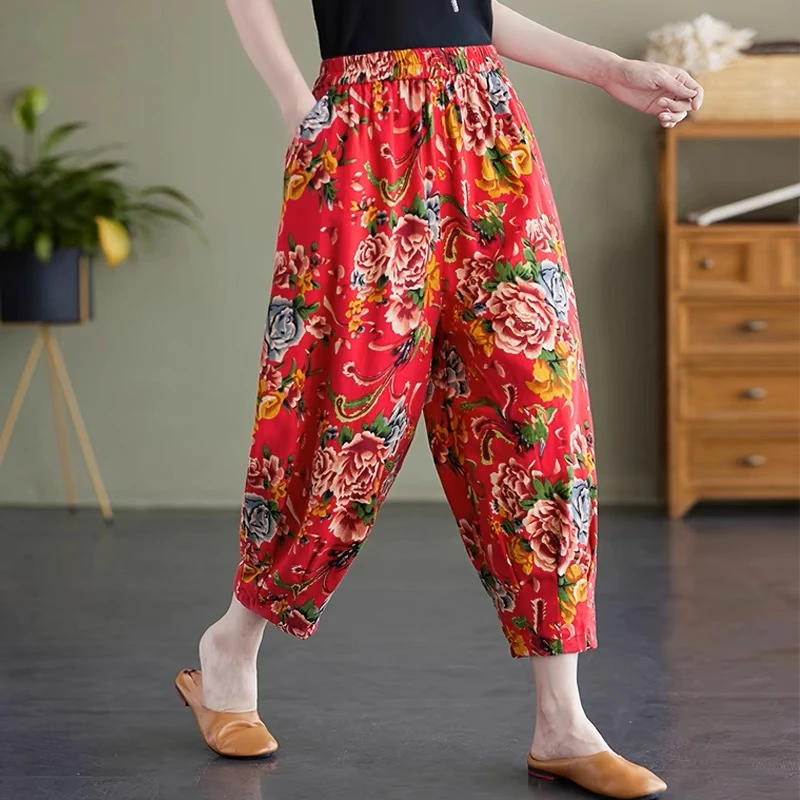 东北大花布女棉麻中式民族风长裤复古女装大码裤子八九分休闲裤子