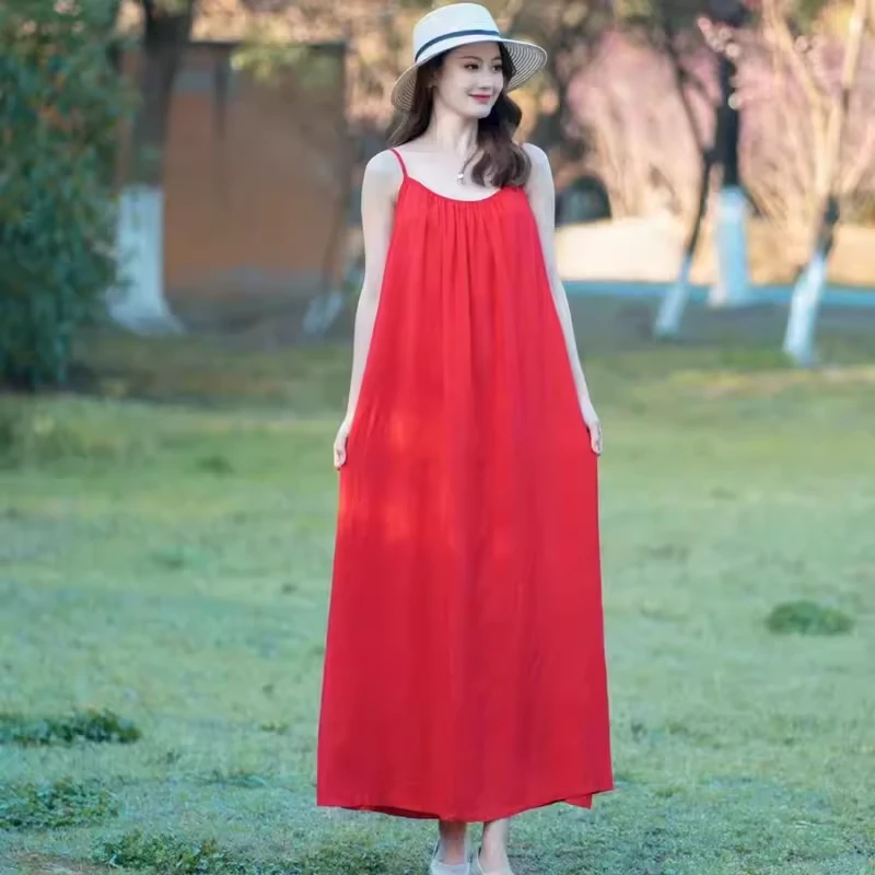 新款吊带天丝棉麻纯色连衣裙女士文艺气质宽松内搭吊带红色长裙子