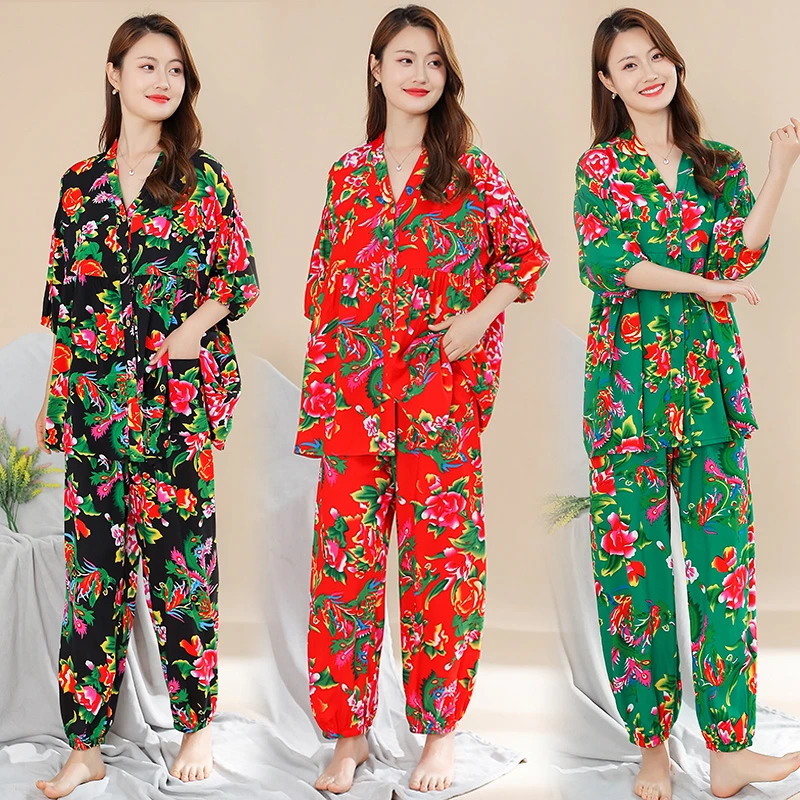 网红东北大花棉绸大码开衫睡衣家居服韩版中袖长裤姐妹炸街空调服