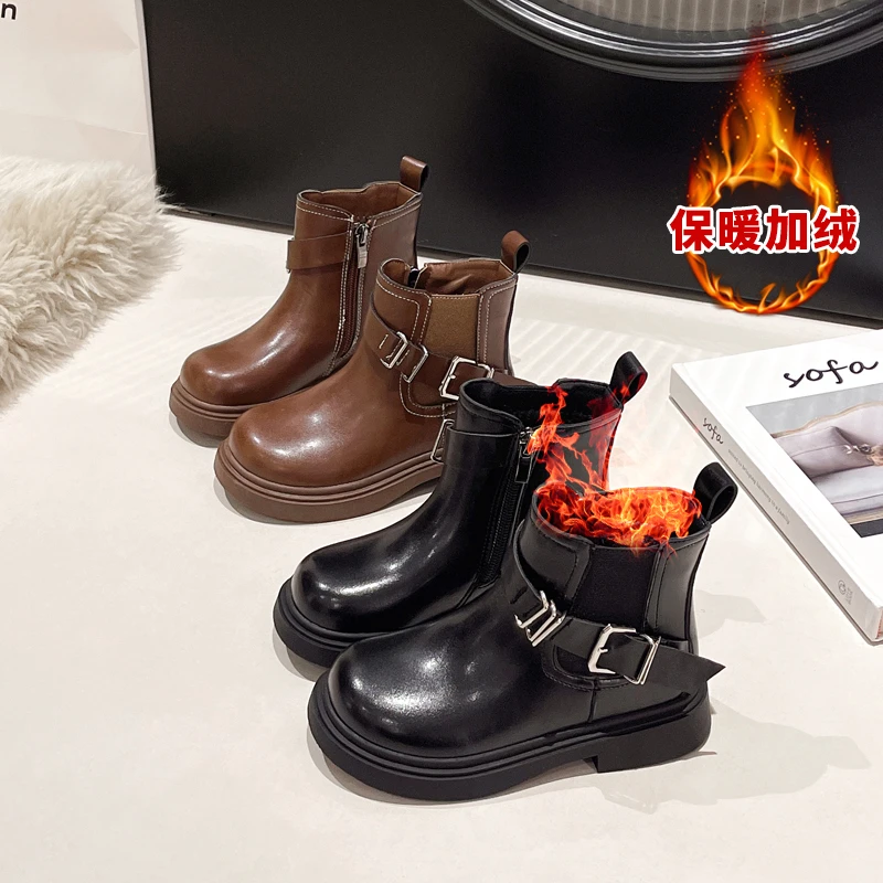 女童时装靴2024冬季加绒新款3-10岁儿童靴子女保暖男童烟筒靴短靴