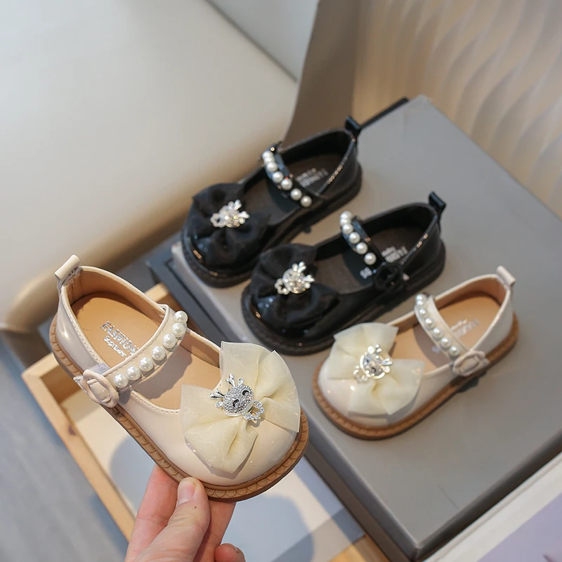 女童小皮鞋2024春秋新款儿童鞋子软底时尚黑色公主鞋珍珠宝宝单鞋