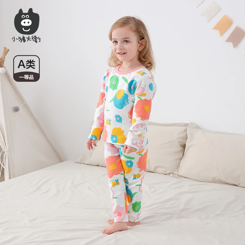 小猪品牌中小童秋冬德绒无骨套装儿童保暖打底长袖印花秋季春季