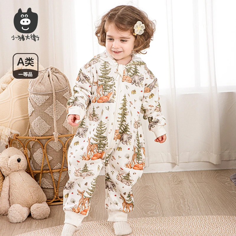 新生儿宝宝儿童保暖外出复合绒连帽造型款连体秋冬印花婴童加厚