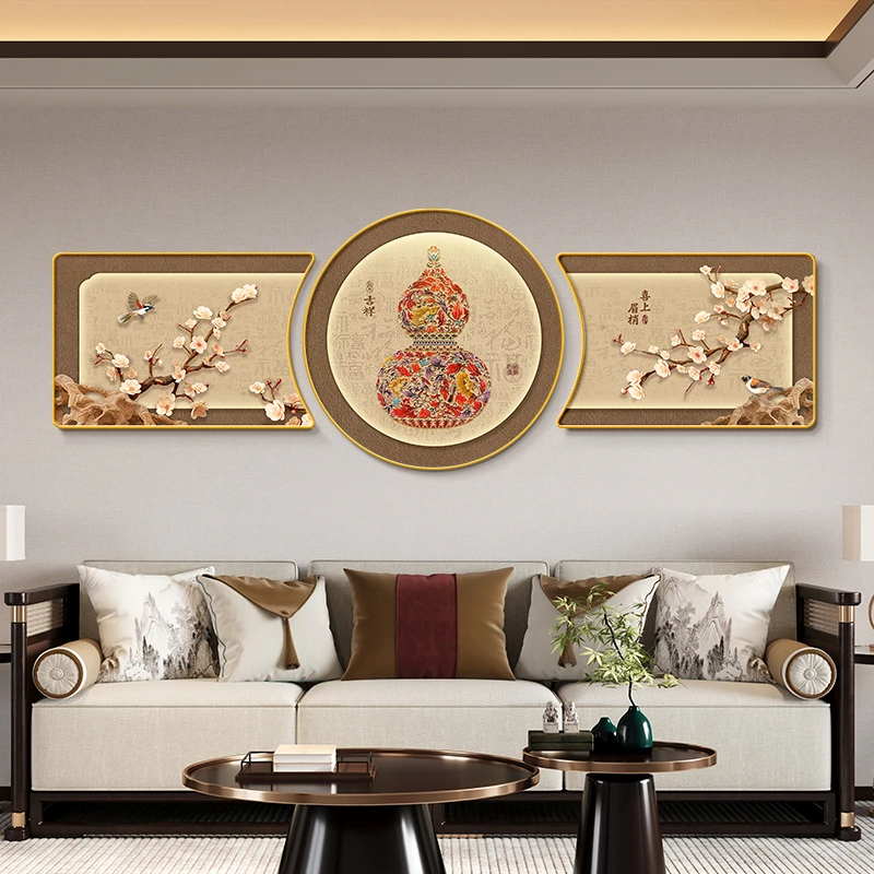 新中式葫芦挂画客厅三联画喜上眉梢床头装饰画沙发后面背景墙挂画