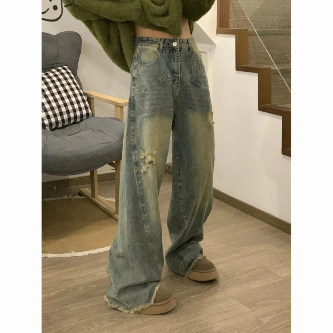 美式做旧复古水洗毛边牛仔裤女小个子高腰宽松磨破阔腿拖地长裤子