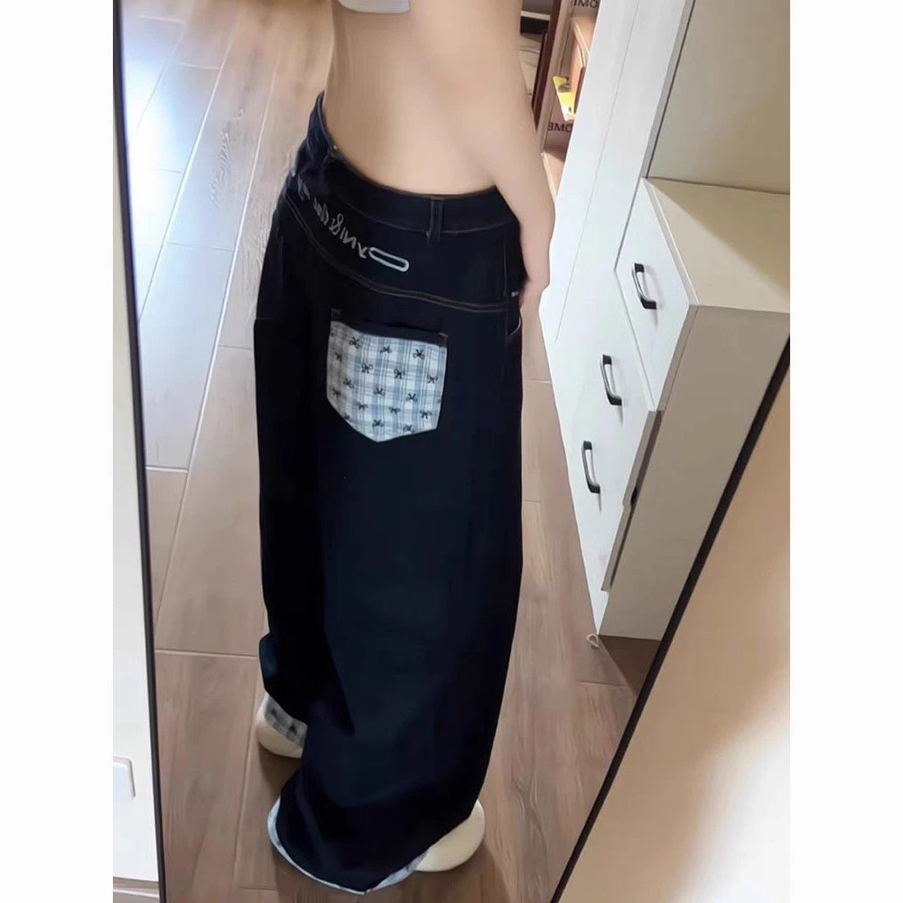 深蓝色蝴蝶格子拼接牛仔裤女春季新款设计感小众宽松显瘦阔腿长裤