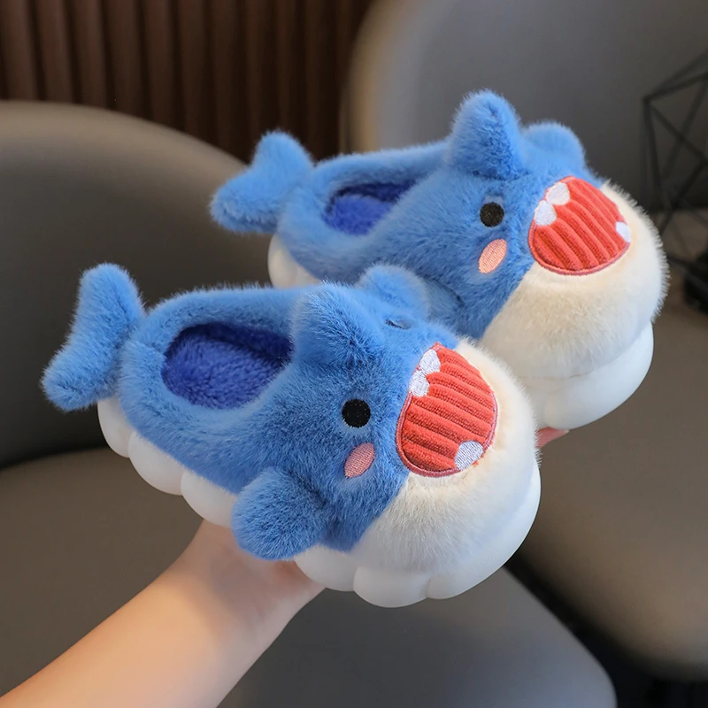 儿童棉拖鞋秋冬季男童卡通鲨鱼居家棉拖女童宝宝加绒保暖小孩拖鞋