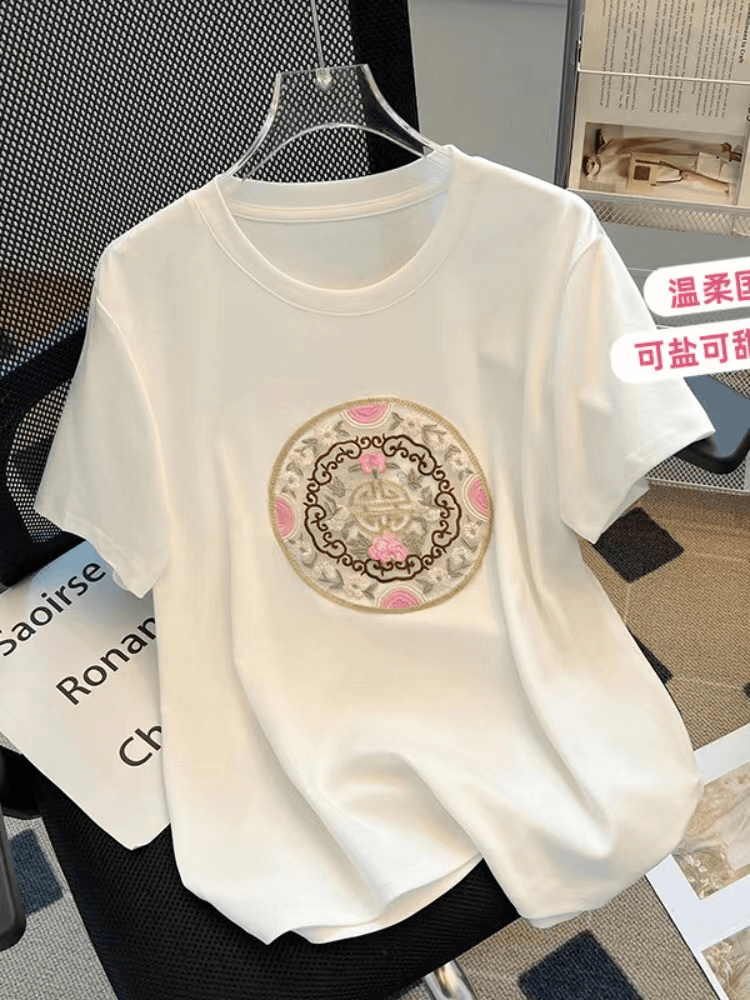 2024夏季新款休闲上衣男女同款短袖圆领印花设计T恤-中国风粉花