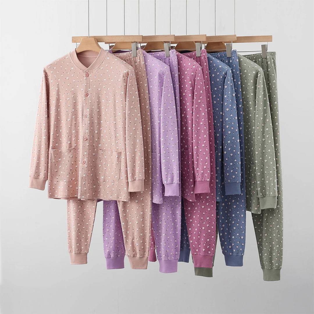 中老年纯棉家居服套装女士开衫长袖长裤秋衣妈妈装