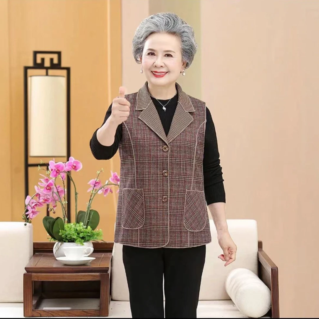 秋季新款  中年妈妈气质百搭春秋两季格子马甲老年人外穿时尚