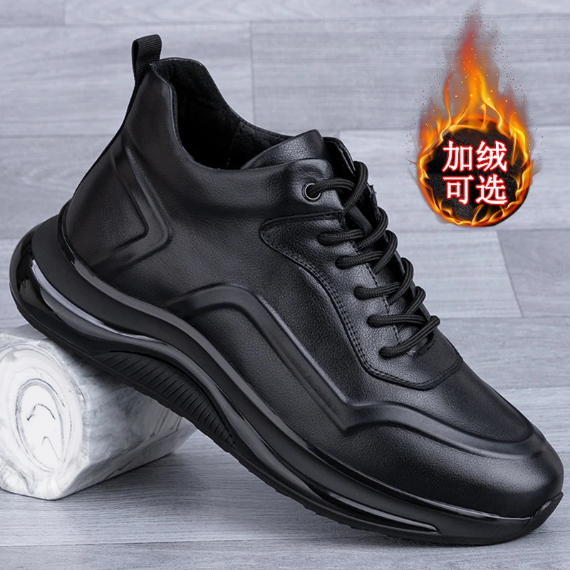 高帮休闲皮鞋超轻爆米花气垫头层牛皮保暖软厚底底运动跑步鞋男鞋