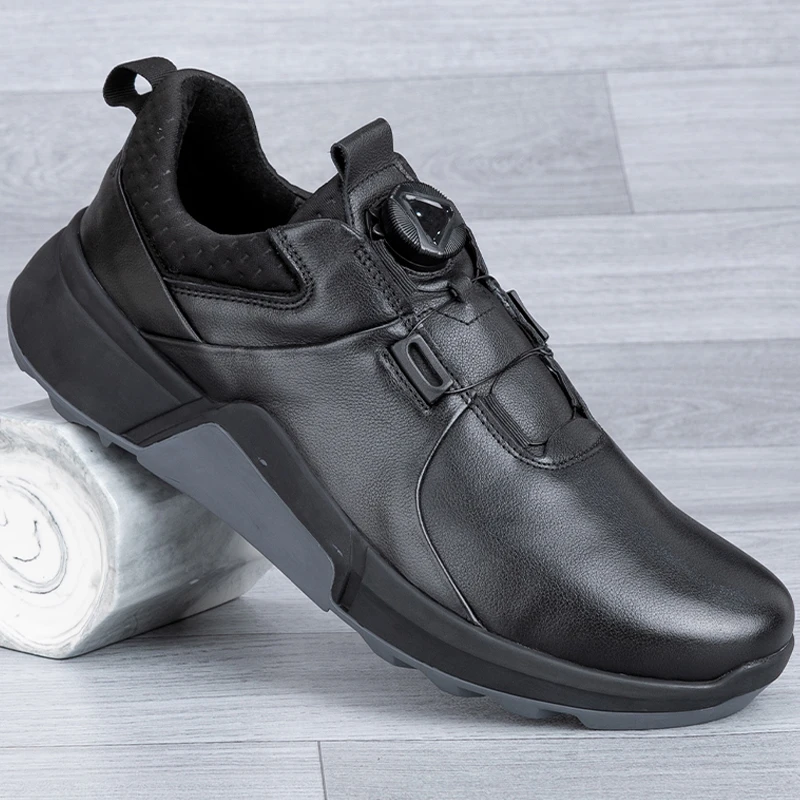 真皮鞋头层牛皮旋转纽扣免系带拼色一脚蹬软厚底运动鞋子休闲皮鞋