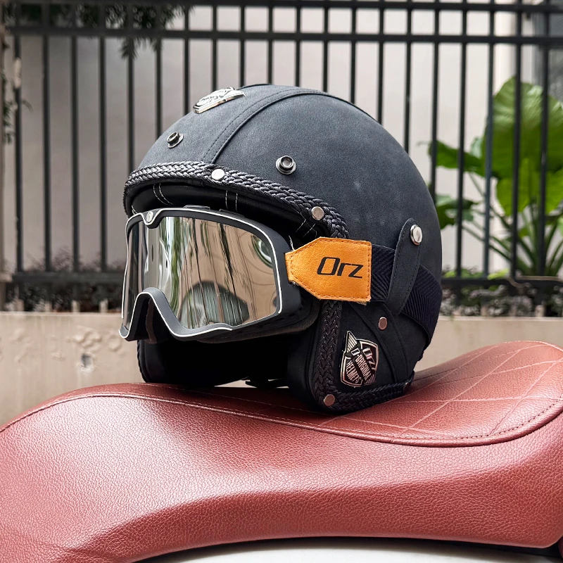 ORZ摩托车骑行翻毛皮复古头盔男女半盔国标3C认证摩托头盔男款