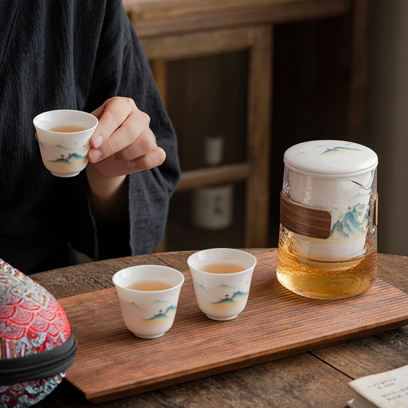 晓饮德化羊脂玉瓷便携式茶壶户外青花旅行茶具一壶三杯快客杯茶杯