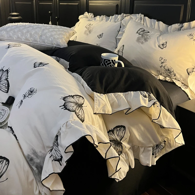 双层纱花边款四件套被套床单公主风水洗棉三件套被罩宿舍