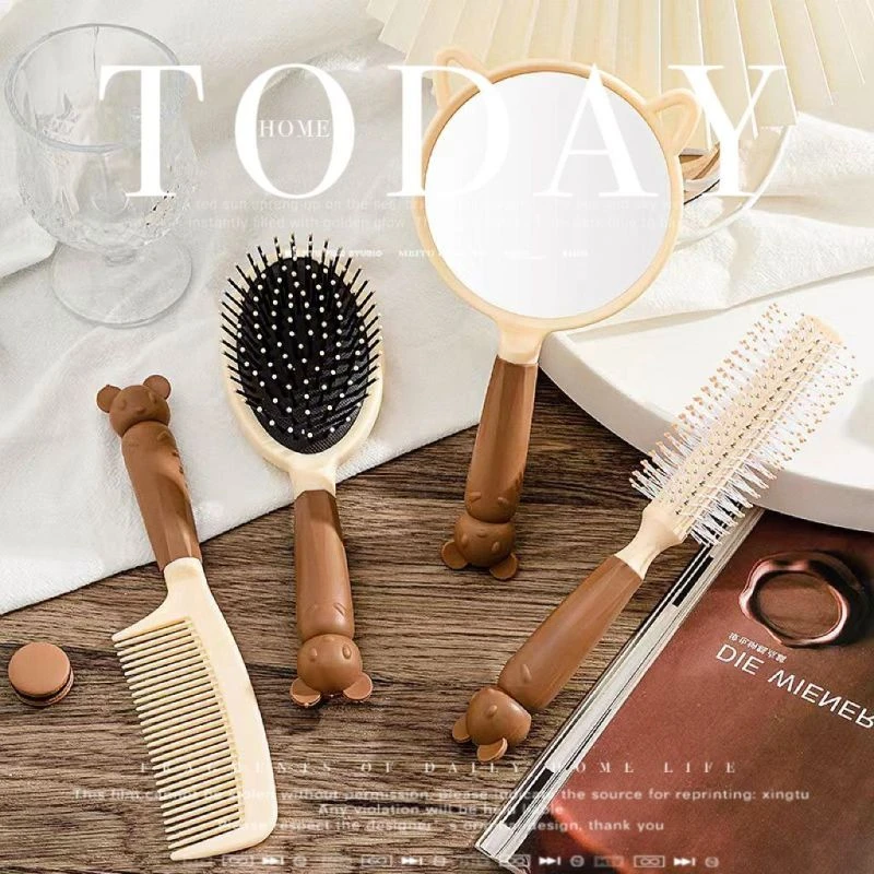 梳子组合4件套卡通软萌咖色梳子女士家用防静电便携镜梳顺发套装