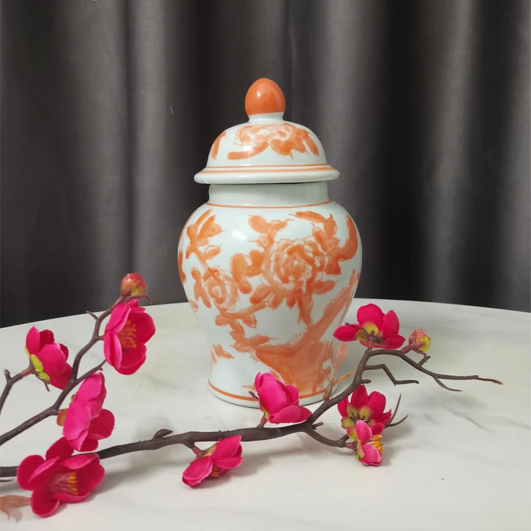 手工釉下彩将军罐橙色花鸟主题收纳茶叶小糖罐家居桌面摆件