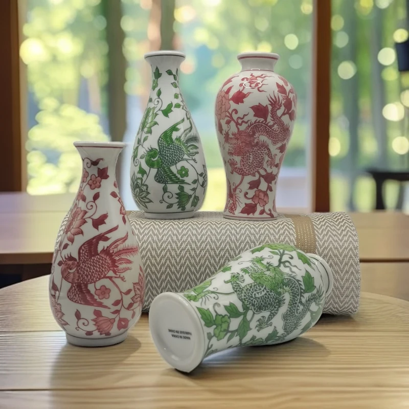 龙年新款手绘釉下彩龙凤花瓶春绿色龙凤呈祥花瓶一对摆件可水培