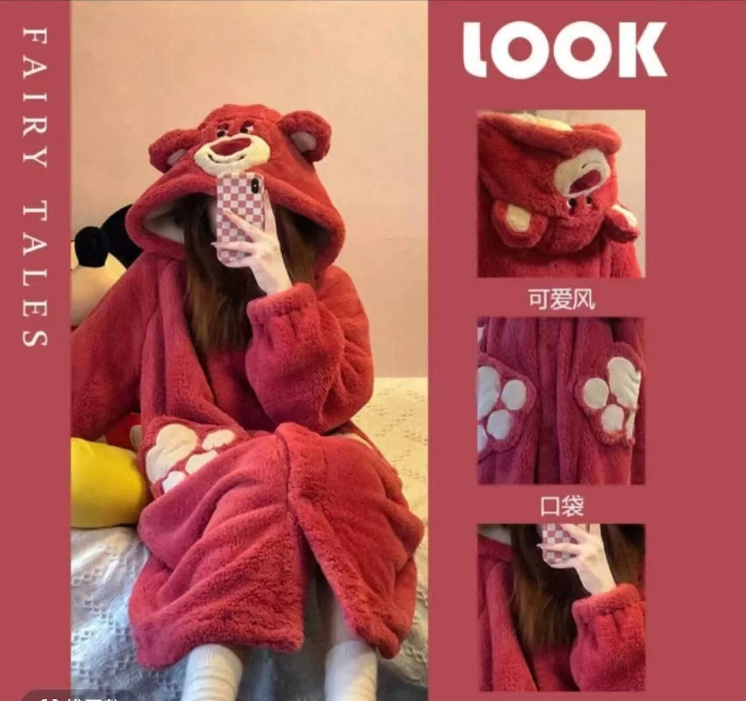 草莓熊连帽家居服套装学生加绒加厚珊瑚绒睡袍女秋冬季毛绒长款男