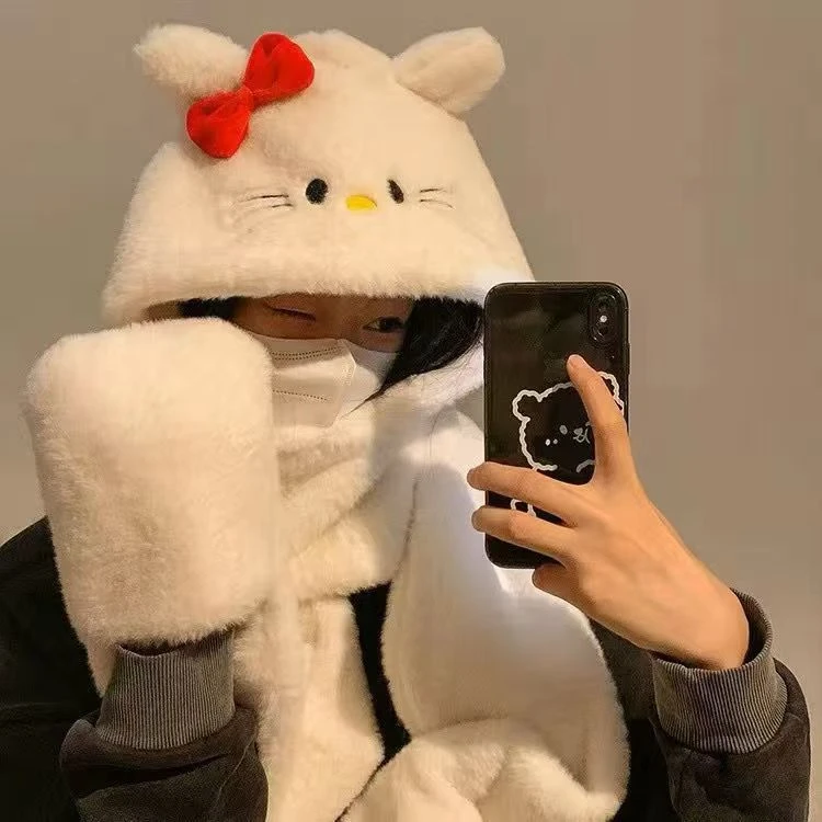 卡通可爱闺蜜kt恰狗冬季连帽围脖加厚保暖毛绒手套帽子围巾一体