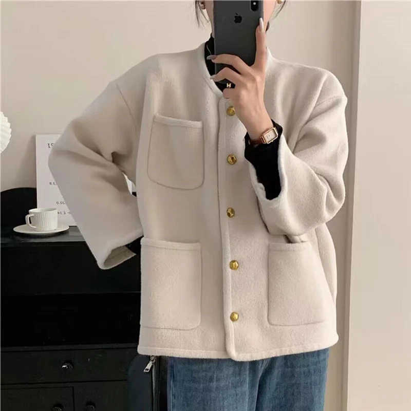 秋季纯色圆领毛呢外套女秋冬2024新款休闲韩版加厚妮子开衫女上衣