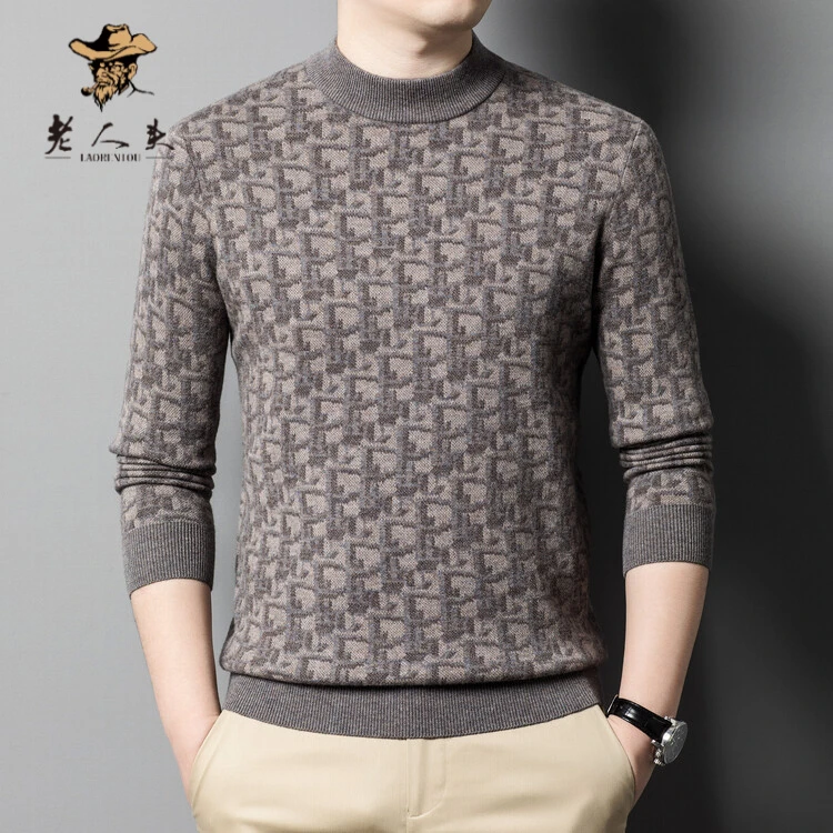 老人头上衣打底衫男士毛衣长袖针织半高领圆领时尚休闲百搭羊毛衫