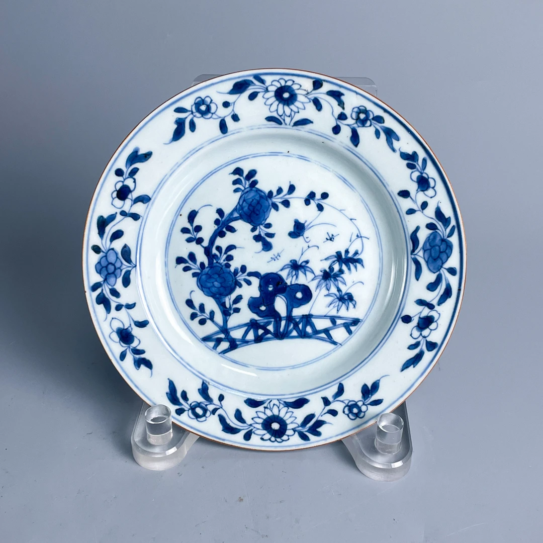 青花瓷/古董康熙庭院花卉纹盘M2XJX006329古玩/收藏/文物/绣花张