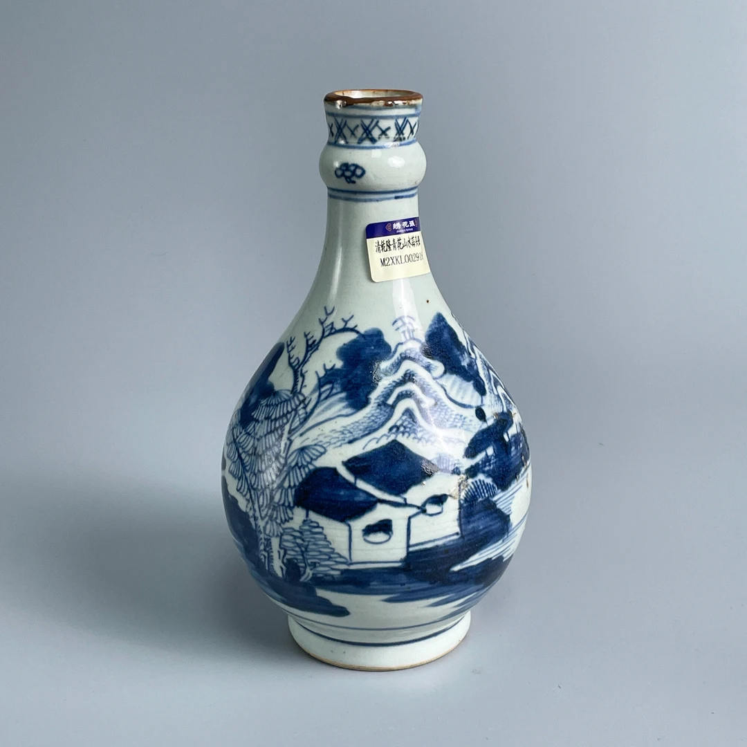 瓷器/古董清乾隆青花山水蒜头瓶-M2XKL002916/收藏/文物/绣花张