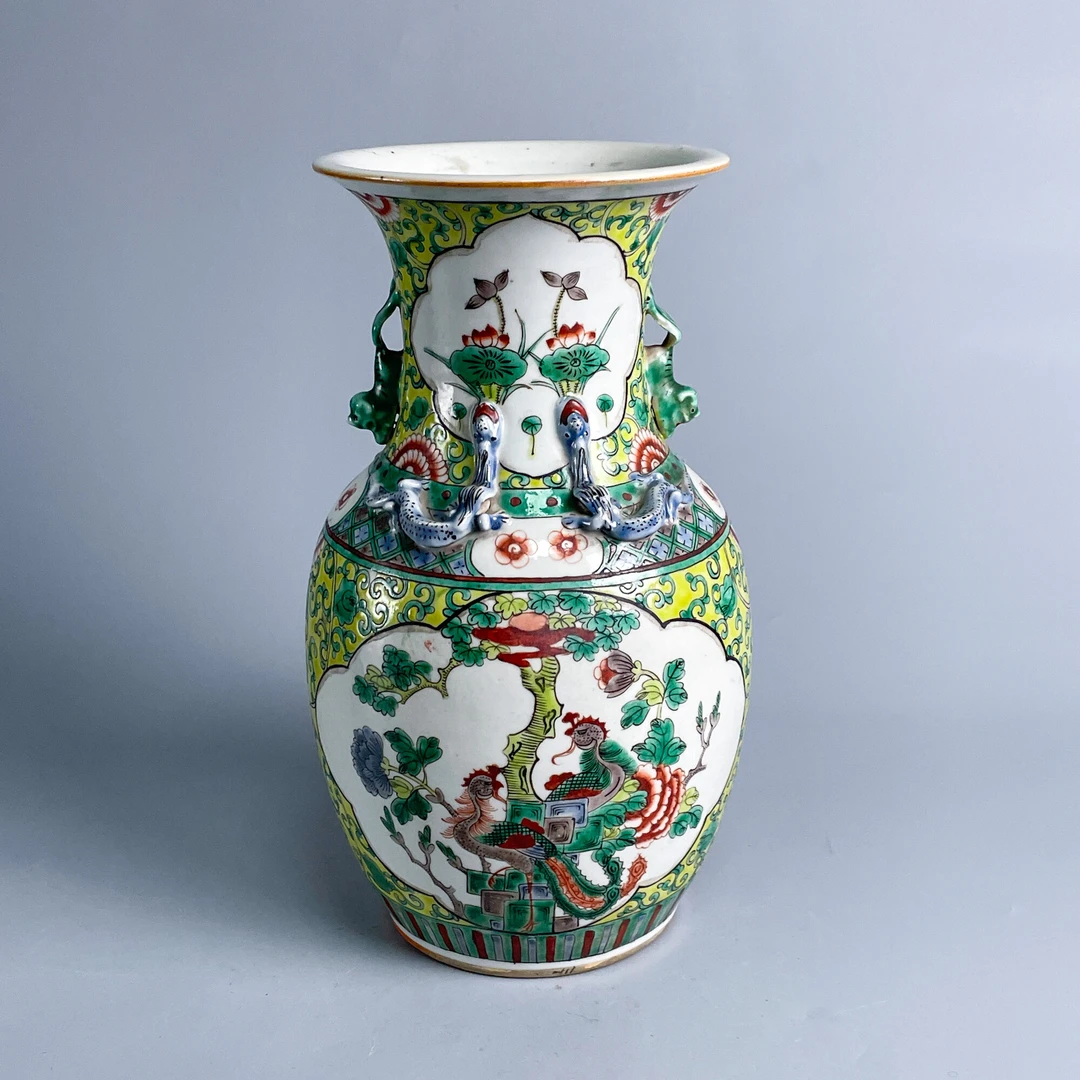 瓷器/古董清光绪凤穿牡丹纹塑螭龙纹赏瓶M2XJY000636/文物/绣花张