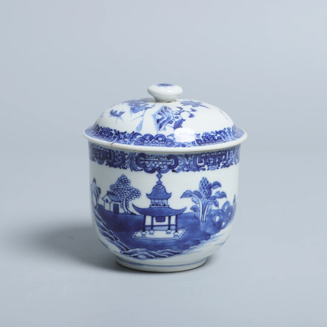 古董青花庭院山水盖盅乾隆/收藏/文物/瓷器/艺术传承M23LY061126