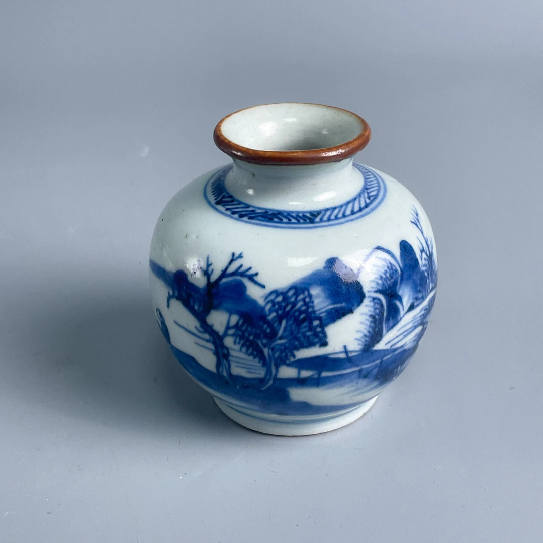 瓷器/古董清乾隆青花山水纹水盂-M2XLD003819/收藏/文物/绣花张