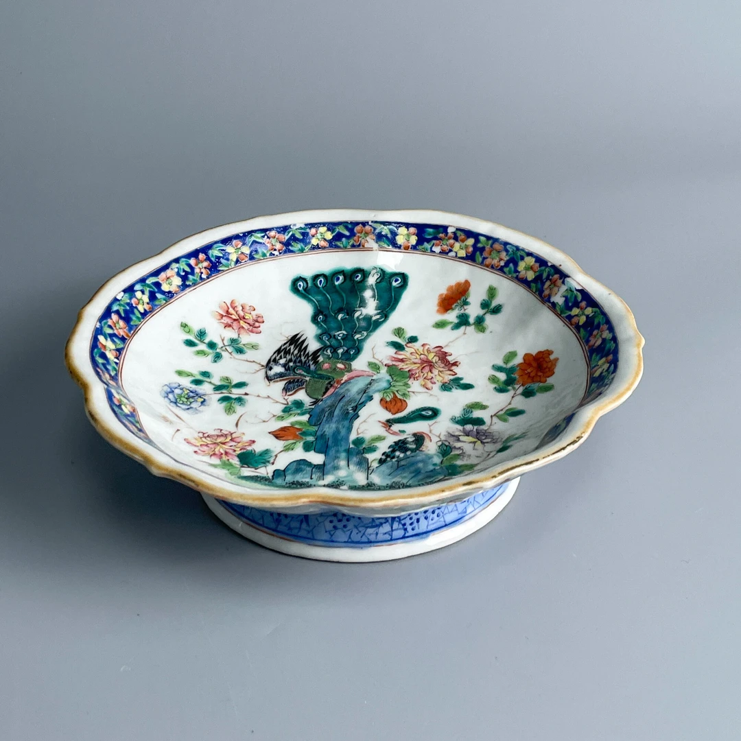 瓷器/古董清同治粉彩洞石花卉孔雀纹供盘M2XKF001B68/文物/绣花张