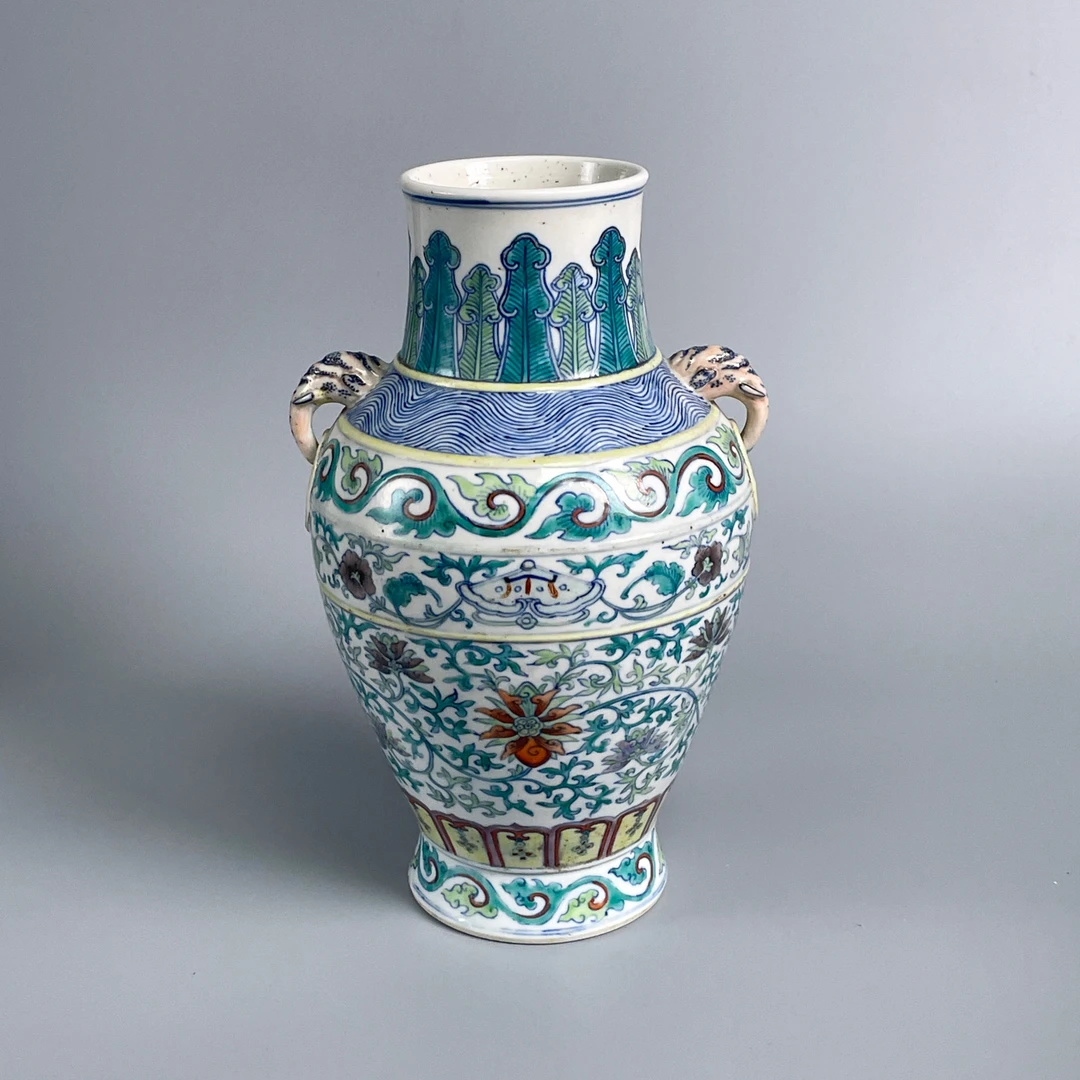 dj1.3w wk 7w/古董光绪斗彩缠枝西番莲象耳瓶M2XDY003938收藏