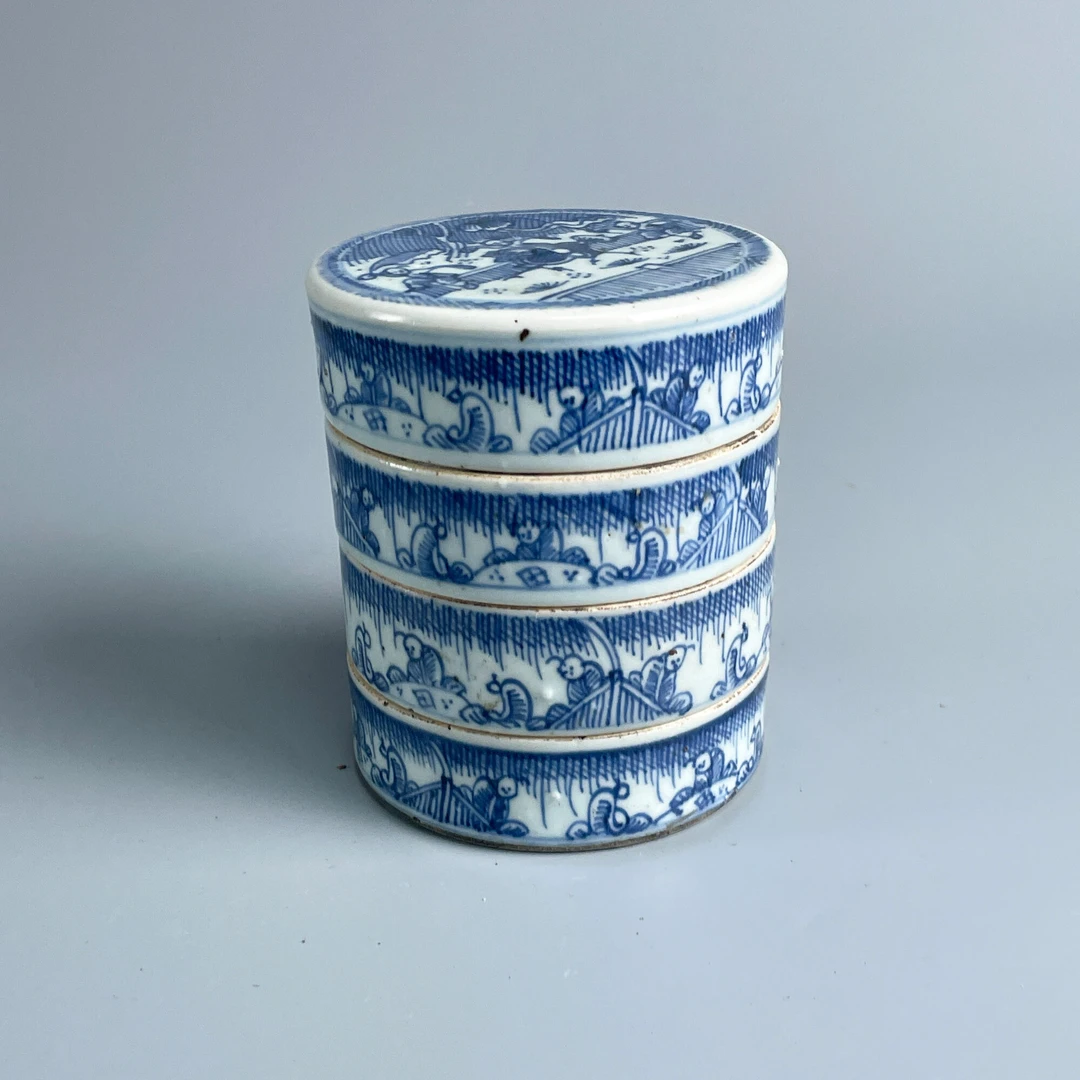 瓷器/古董雍正青花婴戏多层盖盒-M2XKO008859/收藏/文物/绣花张