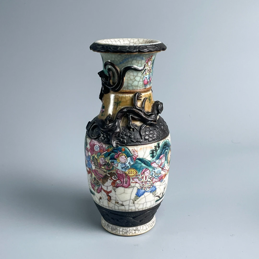 瓷器/古董清哥釉铁骨泥盘螭龙人物瓶M2XKV007D69文物/绣花张