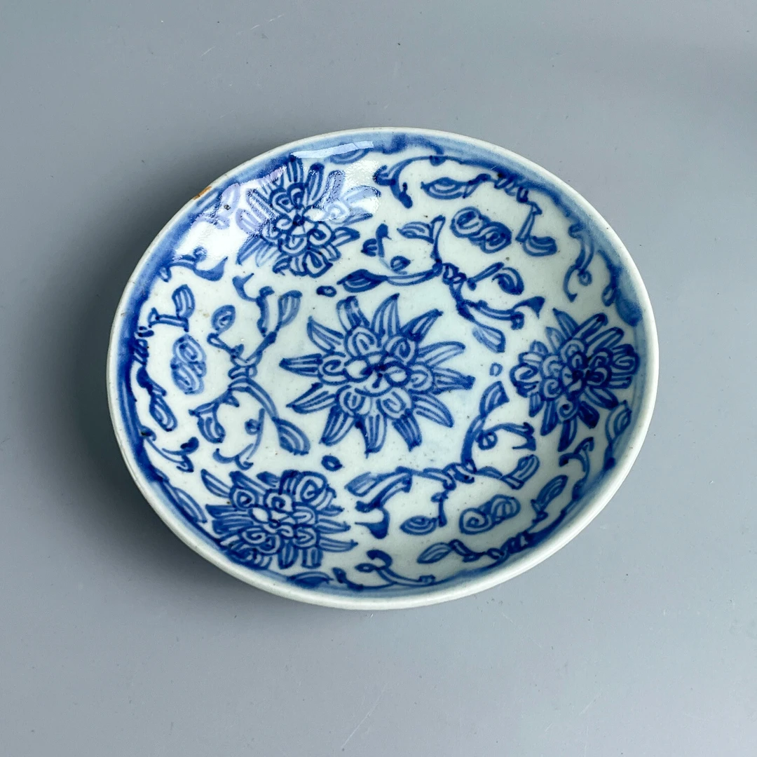 青花瓷/古董道光青花花卉小赏盘M2XKS005E09古玩收藏/文物/绣花张