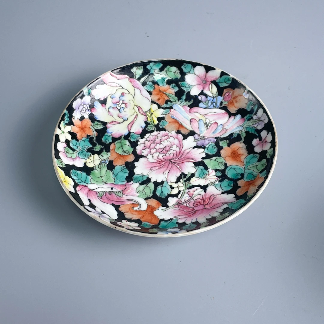 瓷器/古董民国墨底百花不落地盘M2XKT008236古玩收藏/文物/绣花张