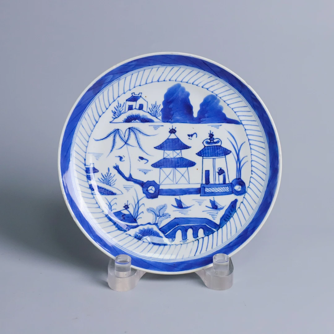 青花瓷/古董道光青花山水纹圆盘M2XHW003369古玩/收藏/文物绣花张